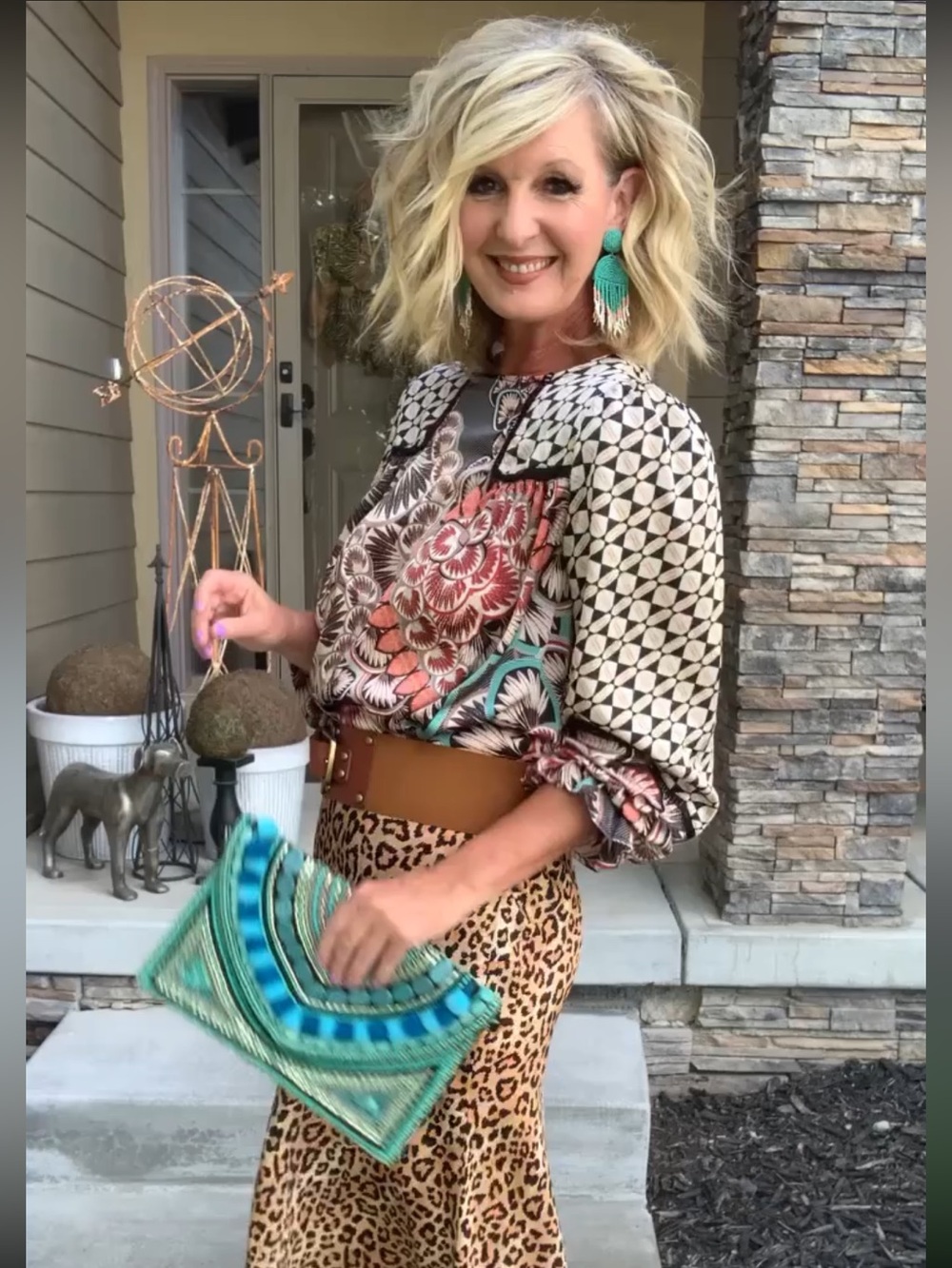 Beaded Fringe Drop Earrings - Turquoise & Tan